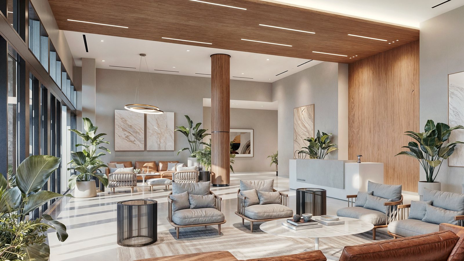 Residents' lobby and lounge, from the project renderings. Finishes are conceptual and governed by the offering documents.