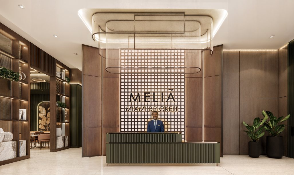 Arrival lobby and reception, interiors by Adriana Hoyos Design Studio, from the approved brochure.