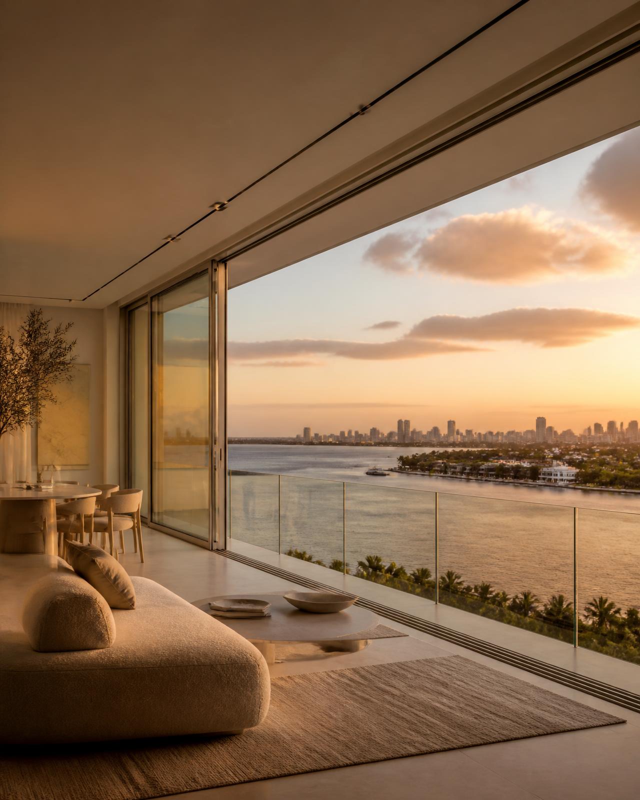 Modern Miami waterfront residence overlooking the bay at golden hour