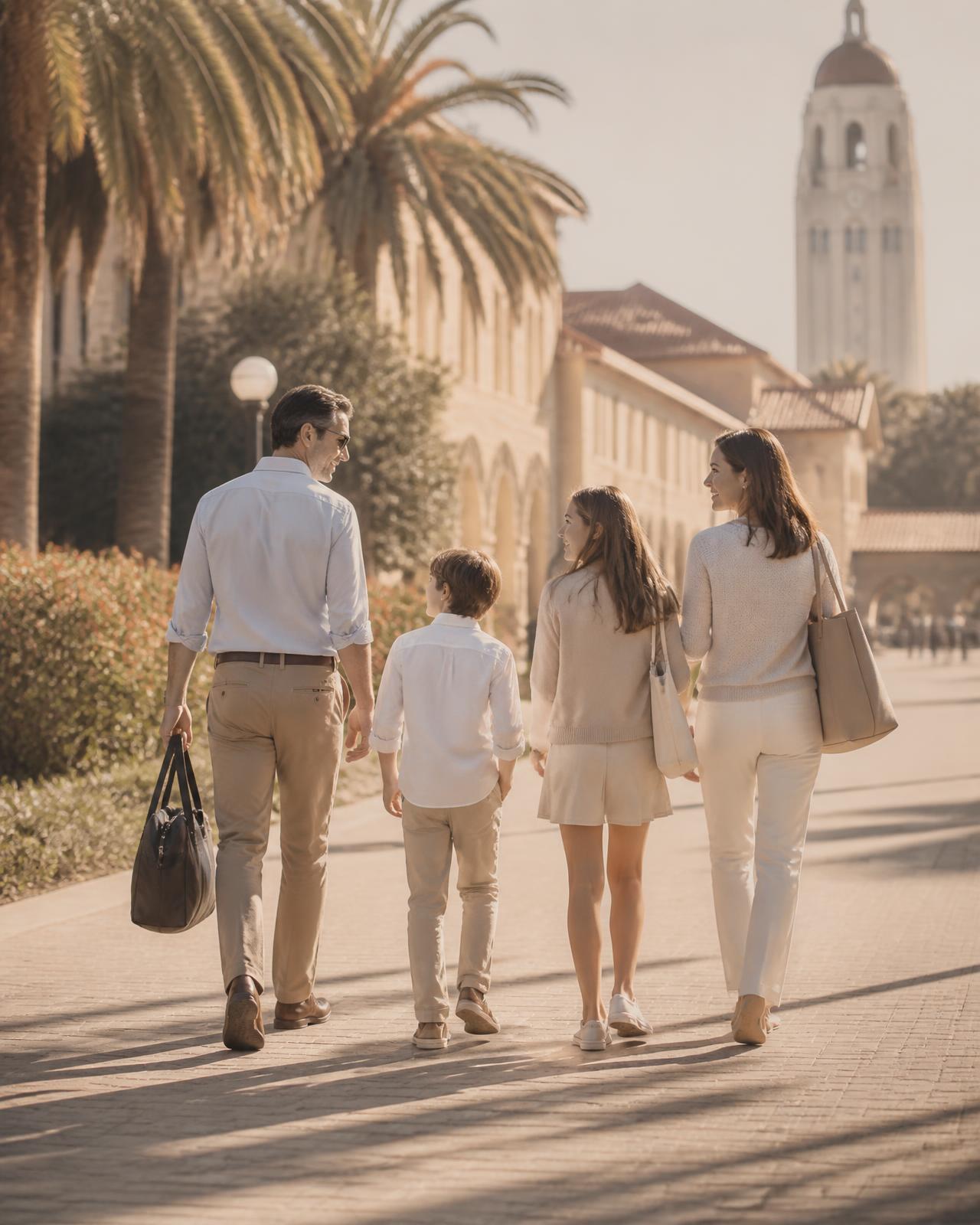 A family walking together on a sunlit U.S. university campus